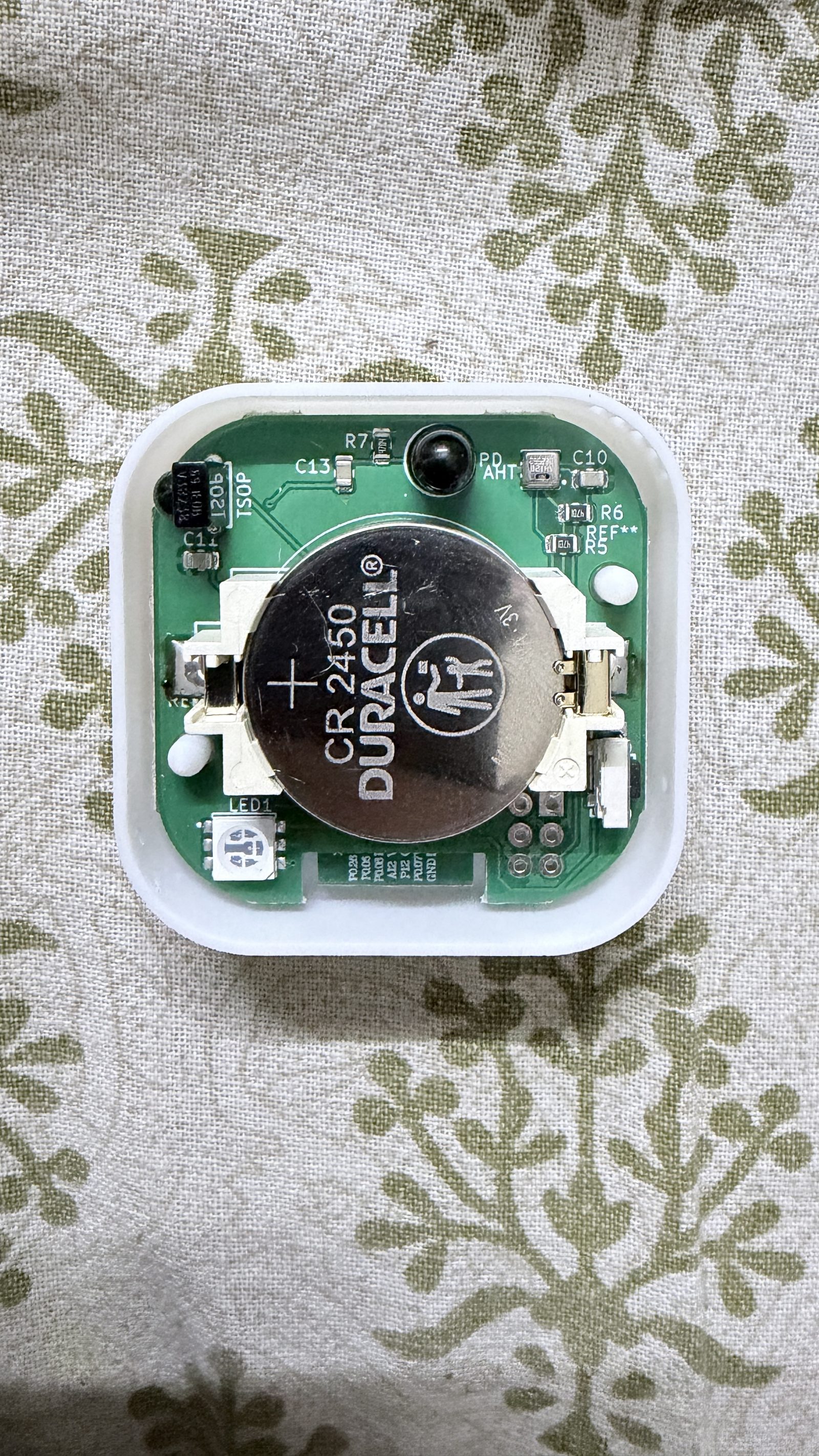 The CR2450 battery seated correctly in the Dot's holder, positive side facing up.